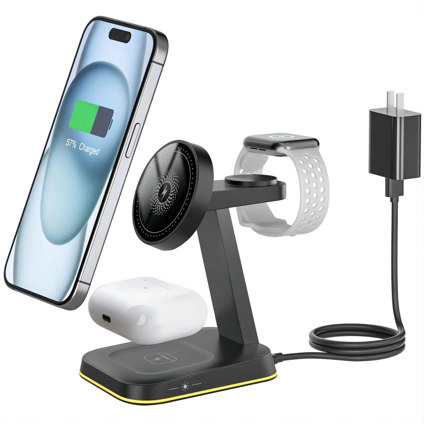 3-in-1 MagSafe Charger Stand Qi2 certified – 15W Fast Charge for iPhone, Watch & AirPods w/Night Light